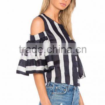 Striped Design Women Top Cold Shoulder Trendy Holiday Fashion Tops photo-4