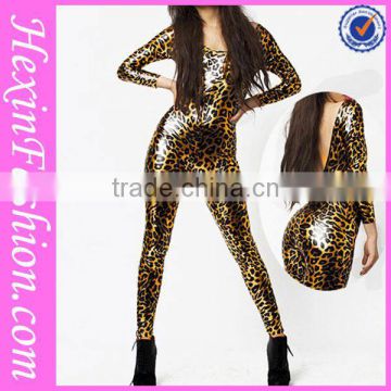 Sexy Low Back Leopard Leather Catsuit Lingerie