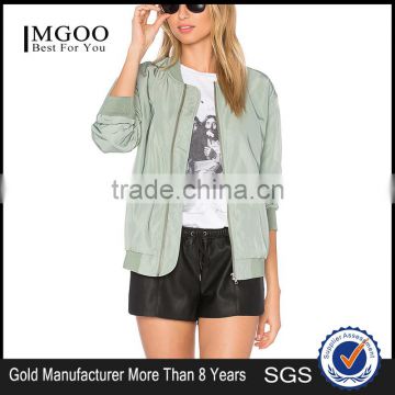 MGOO Fashion 2017 Customize Light Green Pilot Bomber Jacket Zipper UP With Pocket High Quality Satin Jacket