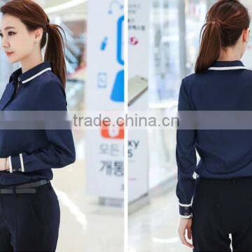 Custom High Quality Woman Clothes Fashionable Navy Blue Elegant Ladies Blouse Wholesale