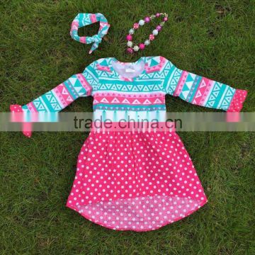 2015 new girls high low dress kids Aztec blue dress hot pink white polka dot dress with necklace and headband