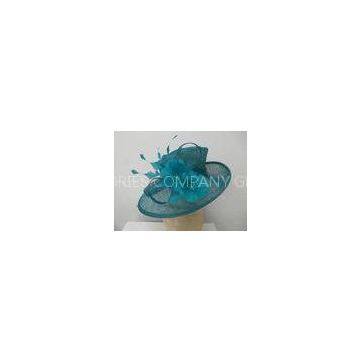 Blue Sinamay Ladies Hats Trimmed With Two Elegant Shaped Feather Flower , Leaves