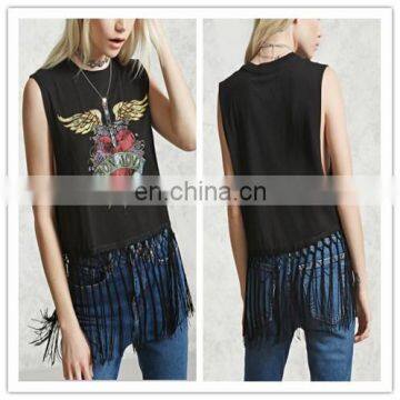 Latest Black Cool Tops For Women Tank Top With Fringed Band (Q17051601)