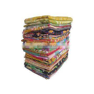 Indian Reversible Vintage Sari Kantha Quilt Handmade Twin Throw Bedspread