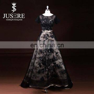 Latest Scoop Neck Black Evening Gown Lace Appliqued Patterns Of Lace Evening Dress