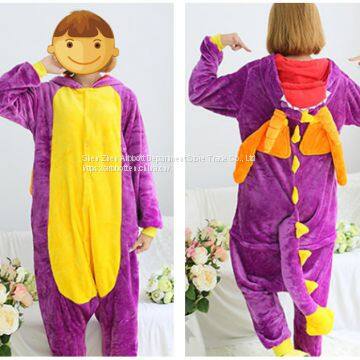 Purple Dinosaur Cartoon Flannel Conjoined Polyester Children Pajamas photo-4