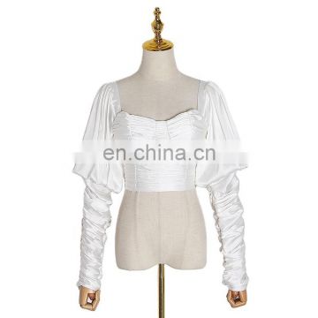 TWOTWINSTYLE Casual Backless Women Shirt Square Puff Long Sleeve Tunic Lace Up Bow Ruched