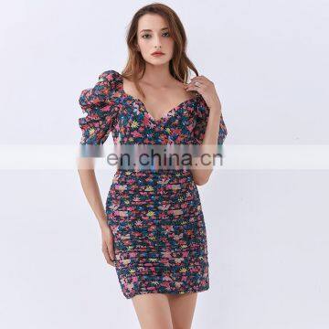 TWOTWINSTYLE Dress For Women V Neck Puff Sleeve High Waist Hit Color Elegant Printed photo-4