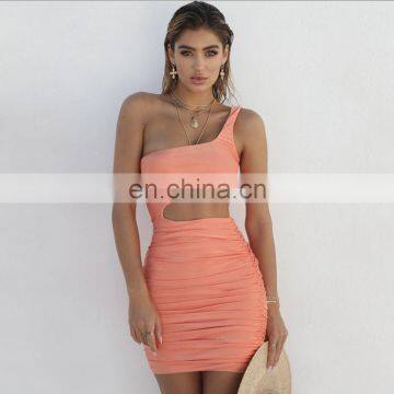 Hot Sales Women Fashion One Shoulder Casual Dresses Ladies Sexy Club Mini Dresses Women Pleated Summer Dresses photo-7