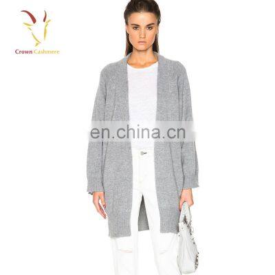 Pure Merino Wool Ladies Knitted Cardigan Long Style No Button Grey Cardigan