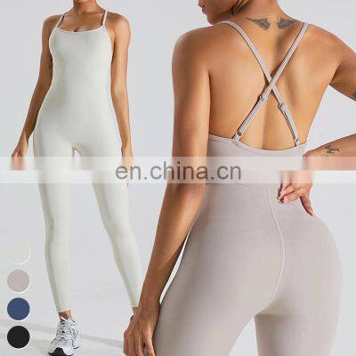 Cross Back Sleeveless Adjustable Straps Playsuits Custom Workout Bodysuit Gym Fitness Jumpsuits Women One Piece Yoga Jumpsuit