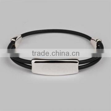 hot sale Men's Leather ID Bracelet Silver & Black Leather bracelet with stainless steel clasp