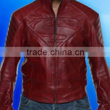 2015 NEW FASHION SUPERMAN RED GENUINE LEATHER JACKET FOR MENS MOTORBIKE LEATHER JACKET