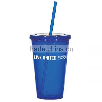 Promotion double wall plastic tumbler with lid and straw