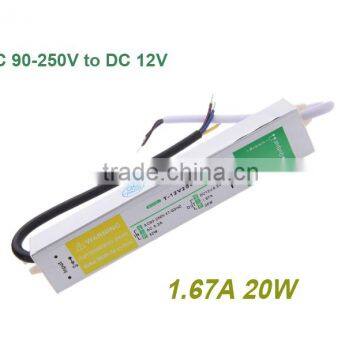 DC 12V 1.67A 20W Voltage Transformer Switch Waterproof IP67 Power Supply AC 90-250V Driver Transformers for Led Strip