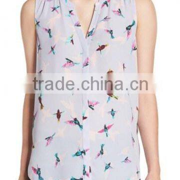 Women Print Pleat Back Split Neck Sexy Sleeveless Blouse Patterns photo-3