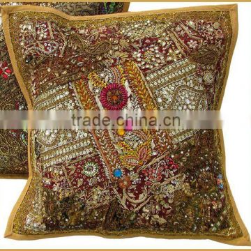 INDIAN HANDMADE HEAVE BEADED WORK PATCHWORK TRADITIONAL CUSHION COVER