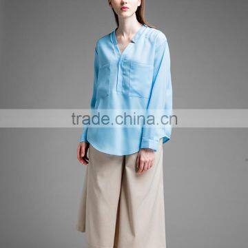 Womens Big Pocket Blouse Chiffon Tops Long Sleeve V-Neck Shirt OEM ODM Type Clothing Factory Manufacturer From Guangzhou