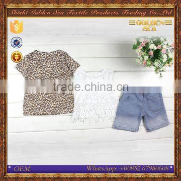 three-piece lace casual Leopard print short sleeve set for little girls