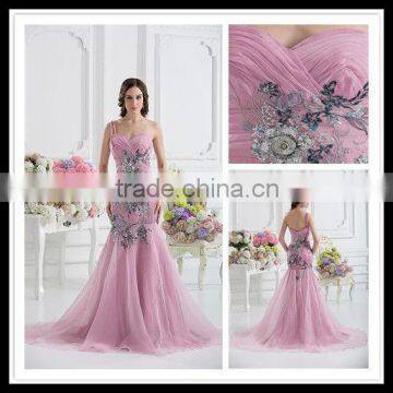 Real Sample One-shoulder Sweetheart Mermaid Empire Beaded Applique Floor Length Prom Dress xyy07-041