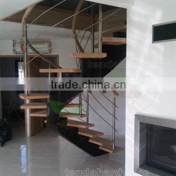 residence single spine steel support curved stairs with timber tread and rod rails