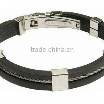 C015 fashionable leather bracelet 2012 with stainless steel cable bangle