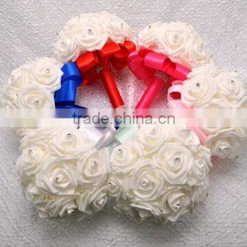 Handmade Bridal Flower Wedding Bouquet Crystal Pearls Silk Satin Brooch Rose