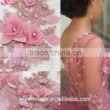 2016 factory wedding dress Pearls french lace fabric 3d flower beaded lace embroidered fabric