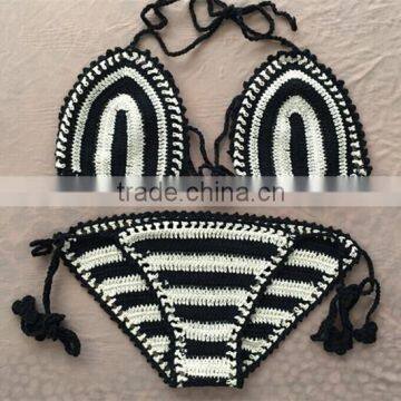 hand made black white stripe crochet bikini swimwear