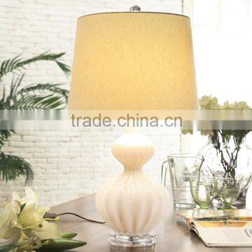 UL E26 acrylic base new design white glass lamps with gourd shape and beige linen barrel lampshade for hotel guest room