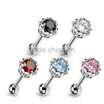 Crown 8mmCZ gem top barbell tongue ring ear piercing bar