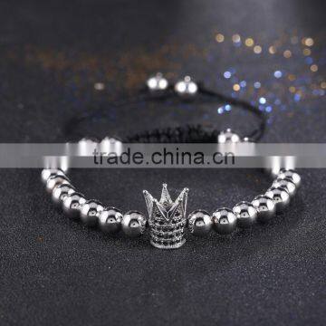 Fashion Luxury 18K Genuine Gold Plated Crystal Beaded Micro Pave Braiding Macrame Crown Men Bracelets Valentine's Gift