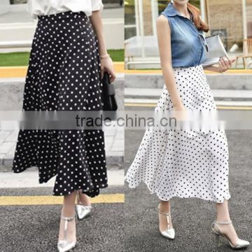 Stylish Lady Women Sweet Medium Elastic Waist Dot Chiffon Mild-calf Casual Pleated Skirt