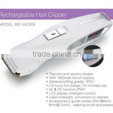 Rechargeable Waterproof Hair Clipper.Zinc-plated Titanium.NI-MH Battery.professional.Hair Trimmer. Ceramic Blade