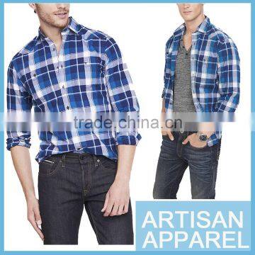 Casual Men's Shirts Wholesale 2015 New Fashion 100% Cotton Blue Plaid Short Sleeve Casual Man Shirt & OEM