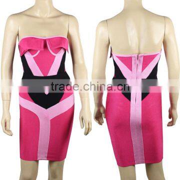 2015 New Fashion Pink And Black Tribal Geometric Embellished Strapless Sexy Women HL Bandage Cocktail Party Dress photo-5