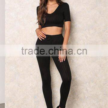 MGOO High Quality Black Ribbed Hood Tops Sleeveless Cropped Tops And Legging For Running Tracksuits Plain Basic photo-2