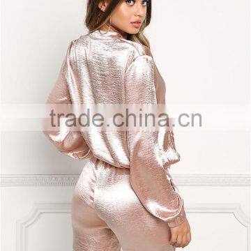 MGOO 2017 High Quality Custom 100% Satin Shiny Bomber Jackets For Women Tracksuits Women Crepe Tops Coat photo-6