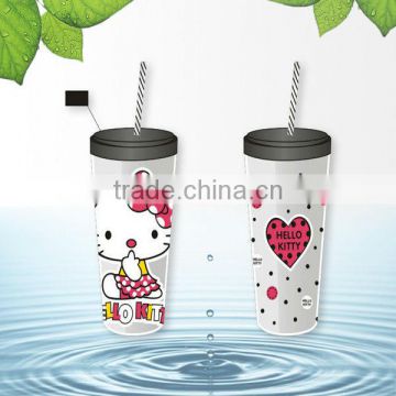 cartoon plastic dranking cups with lid and straws