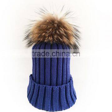 Myfur China Wholesale Hot Sale Genuine Raccoon Fur Pom Poms Knit Hat Winter Cap