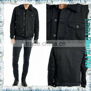 Medium Wash Fur Collar Black Denim Mens Short Jackets