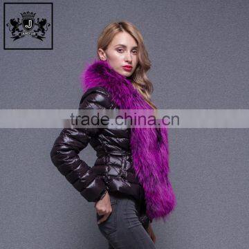 Custom high quality winter warm quilted shiny down jacket with big raccoon fur collar for women