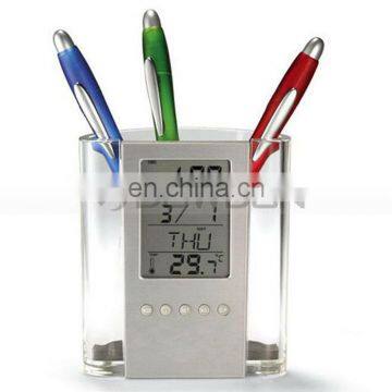 Novelty Office Desk LCD Screen Digital Clock Brush Pot Calendar