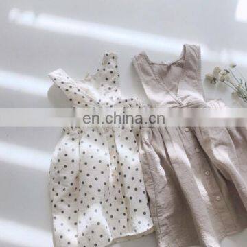 2020 New Korean Spring and Autumn Girls Polka Dot Sleeveless Suspender Dress Fashion Lace Pocket Casual Linen Dress