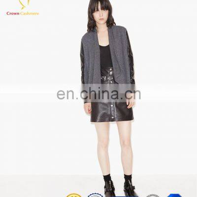 Woolen Female Cardigan Sweater With Leather Sleeve photo-4