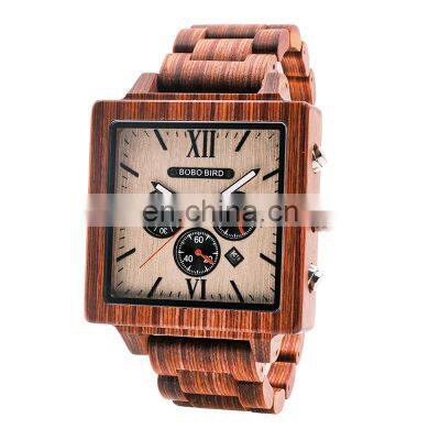 BOBO BIRD Wood Chronograph Men Watches Square Stopwatch Man Ebony Wood Calendar Wristwatches in Wooden Gift Box Dropshipping