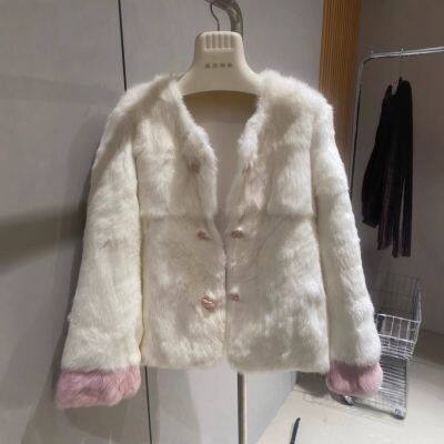 A new Chinese-style traditional Chinese coat and fur one-piece women's autumn and winter rabbit fur dress with a round neck and a light luxury style