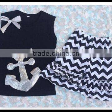 Silver Anchor Sticker Shorts Outfits Summer Custom Baby Girls Handmade Smocked July 4th Design Clothing Sets photo-4