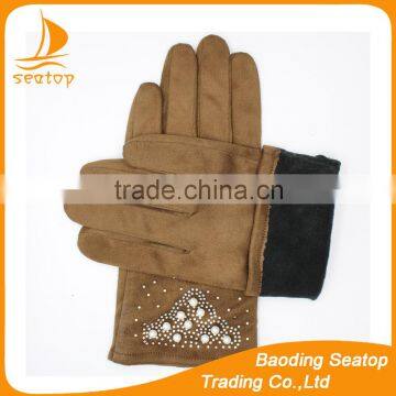 New 2016 Womans Suede Smart Phone Hand Gloves With Fake Diamonds photo-3