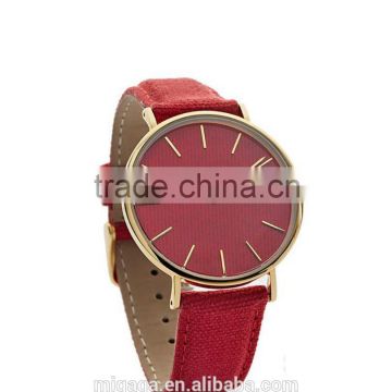 Chinese Red Simple Design Denim Fabrics Strap Quartz Watch Stainless Steel Case